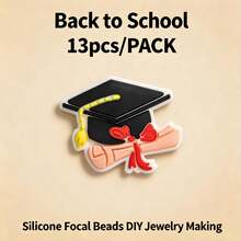 13/24 Stücke/Set Abschluss Silikon Perlen - Buch, Kappe, Schul-Fokus Mix + Abstandshalter Perlen, DIY Schmuck Handwerk für Stift, Schlüsselanhänger, Ausweisband, Unisex Geschenk - Silikon-Fokusperlen - Übersicht 11