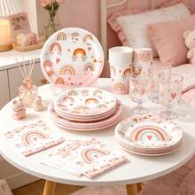 Kit de 50 piezas de vajilla desechable estilo boho chic con arcoíris pastel, platos, vasos y servilletas con hermosos estampados de rosas y corazones. Excelente opción para fiestas de cumpleaños de niñas, baby showers, despedidas de soltera y bodas bohemias, decoración y artículos esenciales perfectos para un ambiente romántico - Multicolor - Ver 2