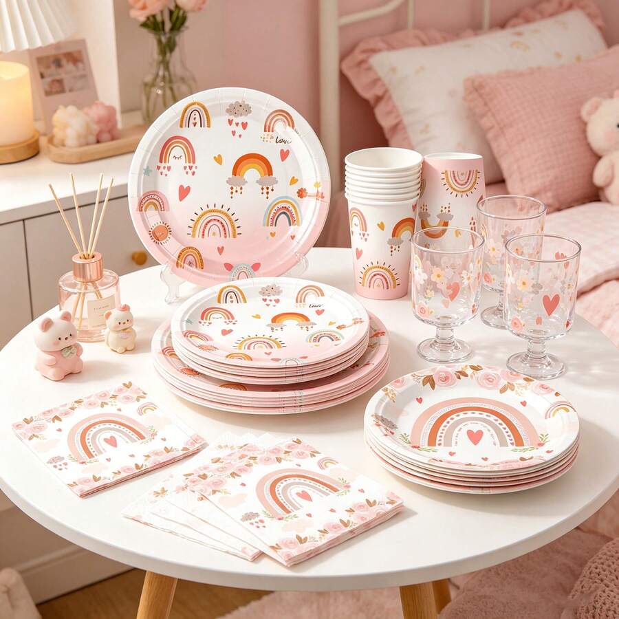 Kit de 50 piezas de vajilla desechable estilo boho chic con arcoíris pastel, platos, vasos y servilletas con hermosos estampados de rosas y corazones. Excelente opción para fiestas de cumpleaños de niñas, baby showers, despedidas de soltera y bodas bohemias, decoración y artículos esenciales perfectos para un ambiente romántico