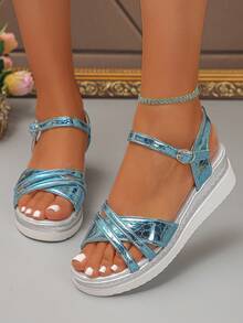 Women's Wedge Platform Sandals, Solid Color Beach Vacation Buckle Comfortable Height-Increasing Open Toe Summer Sandals - Mint Blue - View 4