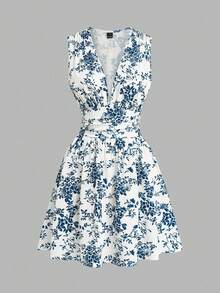 Qadelle Vestido de verano estampado tejido para vacaciones - Azul - Ver 1