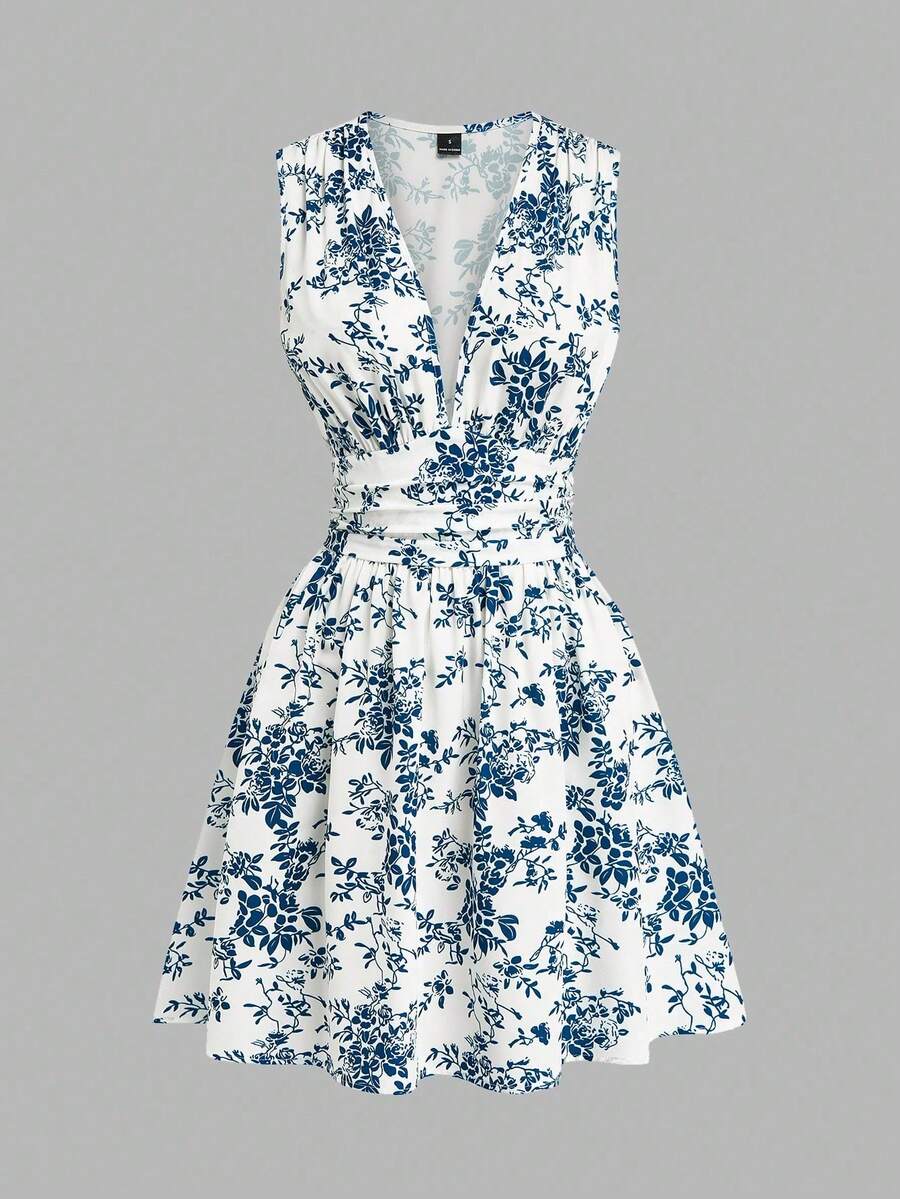 Qadelle Vestido de verano estampado tejido para vacaciones - Azul - Ver 1