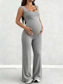 Mono de maternidad Parara con top de tirantes y pantalones largos, mono de maternidad de alta elasticidad, y mono de maternidad, atuendos de festival para mujeres negro verano - Gris - Ver 1