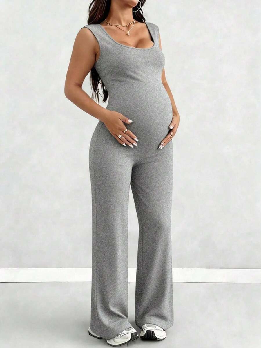 Mono de maternidad Parara con top de tirantes y pantalones largos, mono de maternidad de alta elasticidad, y mono de maternidad, atuendos de festival para mujeres negro verano - Gris - Ver 1