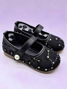 Girls Black Mesh Floral Embroidery Mary Jane Flats, Pearl Hook And Loop Non Slip Soft Sole Shoes, Wedding Party Princess Shoes For Girls Ages 3-10 - Black - View 7