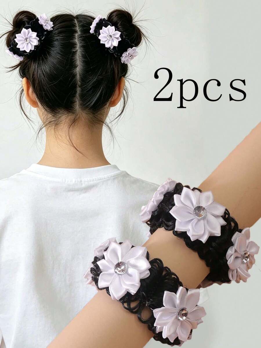 2pcs Girls Back To School Bun Hair Ties With Rhinestone Flower Decoration, Suitable For Daily Wear Or Vacation - White - View 1