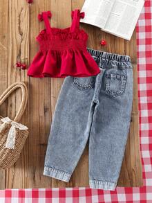 2 pezzi/Set Ragazza giovane all'aperto Minimalista Dolce Carino Energico Moda Vibrante Rosso Fiocco Bottone Cinturino Top e Vintage Distressed Blu Conico Jeans Denim Set - Multicolore - Visualizzare 2