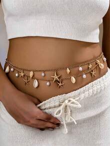 2pcs Bohemian Vacation Style Ocean Shell & Starfish Waist Chain For Women, Suitable For Beach Holiday - Yellow Gold - View 1