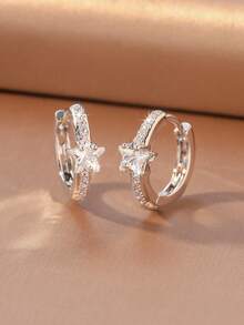 1 Pair Gentle Luxury Style Exquisite Sparkling Five-Point Star Main Diamond Full Inlaid Fine Zirconia Stone Rim Star Hoop Earrings, Delicate Earrings For Women Suitable For Commuting, Dating And Daily Wear - Star - View 11