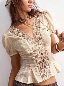 Blusa casual de mujer de manga corta con parches de unicolor y adorno de encaje - Blanco - Ver 3