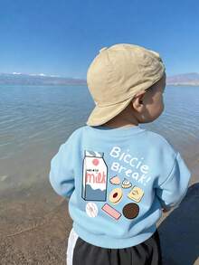 Young Boys Milk Cookie Print Crew Neck Sweatshirt, Light Blue Pullover, Suitable For School, Back To School, Autumn, Winter Wear - Baby Blue - View 1