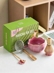7-Piece Pink Lotus Matcha Tea Set, Japanese Matcha Whisking Set, Includes Bamboo Tea Whisk, Tea Scoop, Sifter, Ceramic Bowl, Tea Whisk Holder And Flower Holder, Traditional Matcha Making Tools, Suitable For Tea Lovers - Multicolor - View 3