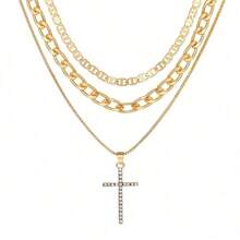 1pc Thick Multi-Layer Cross Pendant Necklace, Hip-Hop Style Chain, Fashion Accessory, Unisex - Gold - View 5