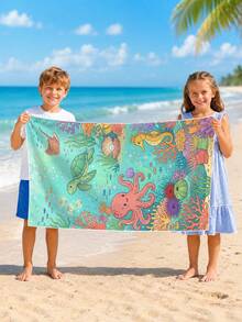 1pc Ocean Creature Octopus, Coral, Sea Turtle Design Kids Beach Towel, Super Absorbent Oversized Beach Blanket, Suitable For Beach, Pool, Travel, Camping, Yoga - Multicolor - View 6