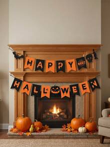 2pcs-Happy Halloween Bunting, Halloween Banner, Pumpkin Ghost Bat Paper Garland, Suitable For Indoor Halloween Party, Halloween Home Decor, Fireplace, Wall, Porch, Haunted House And Gothic Theme Decoration, Home Decor Living Room, Room Decoration, Halloween Holiday Home Decor, Halloween Festival Accessories Party Supplies, Holiday Background Decoration Banner, My Recent Halloween Order - Multiple Styles - View 6