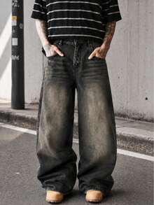 Celana Jeans Pria Model Lurus Longgar Gaya Vintage, Celana Panjang Longgar Bergaya Retro Amerika, - Grey - View 5