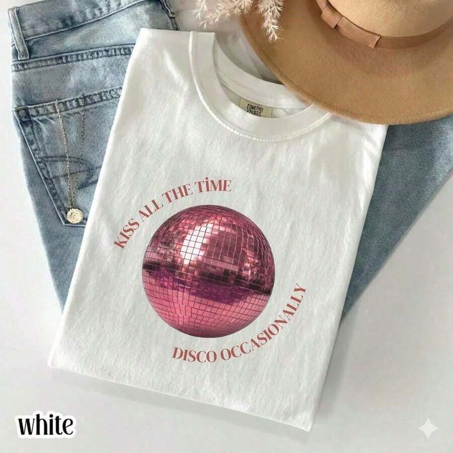 Rosa Disco-Ball T-Shirt |   Fragen Sie mich nach der Stimmung. Kreisförmige Grafik, Harry küsst die ganze Zeit, Disco-Ball-Shirt, schlichte Sommeroutfits, Jersey-Oberteile, Damen-Resort-Stil, Damenbekleidung für - Stil1 - Übersicht 1