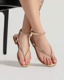 BERALLUTY Comfortable Women's Sandals With Rhinestone Studded Back New Release - 金色 - 查看 2