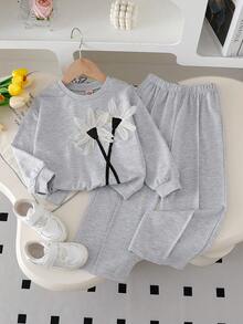 Girls' Fashion Design 3D Floral Long Sleeve Crew Neck Ribbed Sweatshirt & Loose Casual Straight Leg Pants 2-Piece Set, Comfortable For Spring/Autumn Daily Wear, Outings, Park, School And Sports - Grey - View 1