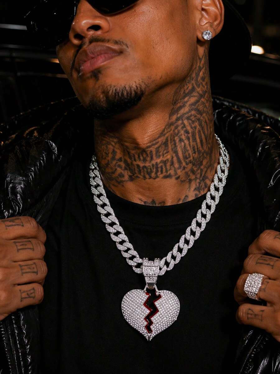 1 pieza Colgante de corazón roto con strass para hombre, cadena cubana de aleación de zinc con gema brillante, joyería unisex de estilo hip hop punk para uso diario y fiestas, regalo adecuado para todas las estaciones