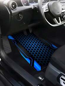 4 piezas Alfombras universales para piso de auto, estilo tecnológico azul impreso, revestimientos antideslizantes de poliéster para pies de auto para asientos delanteros y traseros, ajuste universal para accesorios interiores de auto y SUV - A - Ver 4
