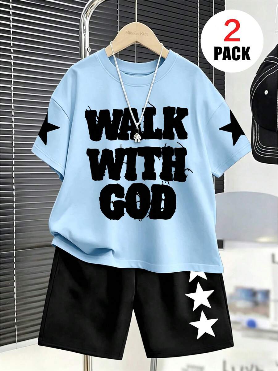 2pcs/Set Pakaian Anak Laki-Laki, Atasan Longgar dengan Tulisan "WALK WITH GOD" dan Motif Bintang + Celana Pendek Olahraga, Nyaman dan Lembut, Cocok untuk Musim Panas dan Olahraga - MultiWarna - View 1
