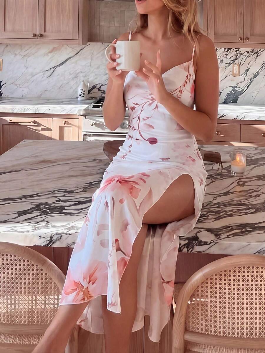 French Romantic Style Pink And White Floral Camisole Nightgown, Perfect For Loungewear And Pajamas - Multicolor - View 1