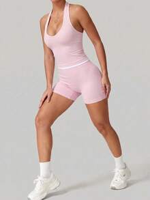 Mono Y2K Rosa con Cuello Halter Acanalado - Conjunto de Fitness Ajustado con Ribete Contrastante - Rosa - Ver 4