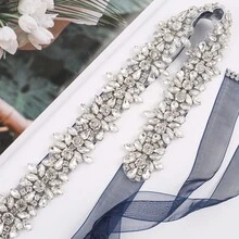 1pc Luxury Bridal Handmade Rhinestone Beaded Waist Belt Sash For Wedding Party - Sliver Applique+Organza Navy Ribbon - View 2