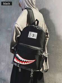 1pc Unisex Street Style New Korean Version Creative Shark Design Fashion Campus Backpack For High School And College Students, Casual School Bag (Random Webbing Print And Letter, Random Left/Right Pull Tab Direction) - Multicolor - View 14