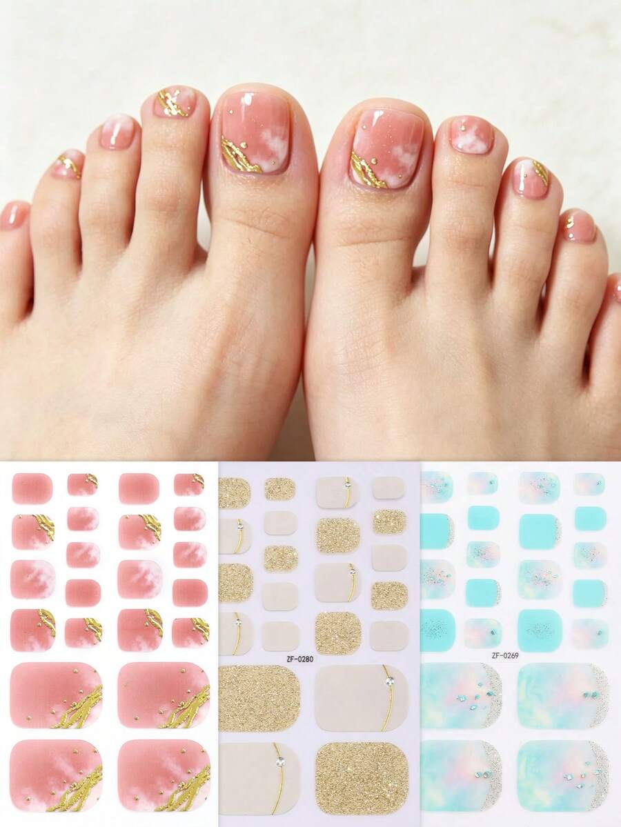 Beauty Sticker 3件組法式水鑽腳趾甲貼條,漸層亮片精緻腳趾甲貼紙,易於貼附,適合女性度假旅行與舞會DIY美甲 - 彩色 - 查看 1