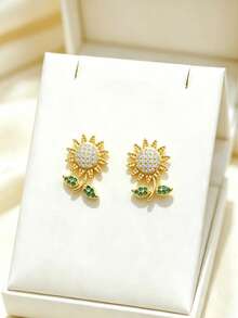 1 Set Stainless Steel Chain Zirconia Sunflower Pendant Women's Fashion Necklace & Earrings Jewelry Set, Gift Accessory - Style a - View 3
