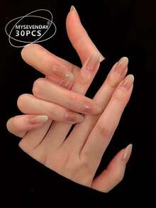 30pcs Medium Almond Shape Gradient Nude French Nail Art Stickers, Instantly Elevate Your Nail Style. Set Includes 1pc Jelly Glue And 1pc Nail File, Suitable For Daily Wear, Nail Art Supplies, Press-On Nail Stickers. Nails - Multicolor - View 1