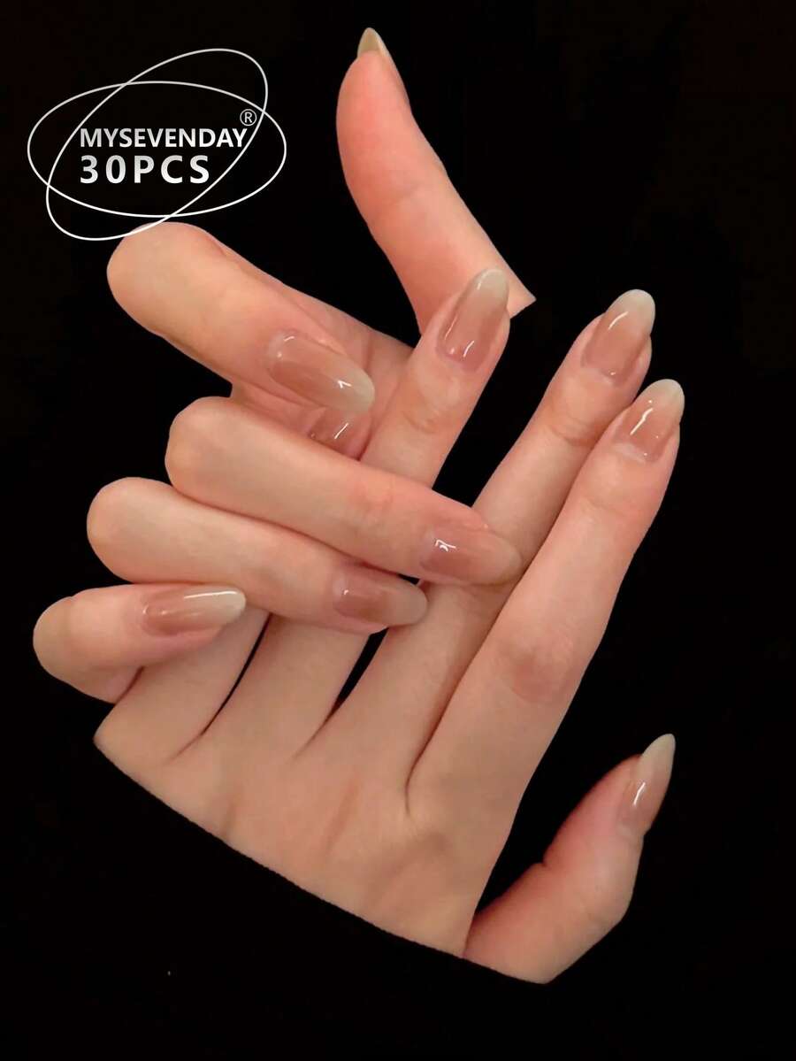 30pcs Medium Almond Shape Gradient Nude French Nail Art Stickers, Instantly Elevate Your Nail Style. Set Includes 1pc Jelly Glue And 1pc Nail File, Suitable For Daily Wear, Nail Art Supplies, Press-On Nail Stickers. Nails - Multicolor - View 1