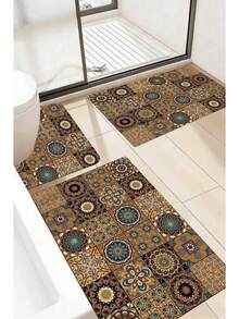 1 pieza Alfombra de baño con patrón de azulejos florales bohemios, alfombra de baño, felpudo, alfombra pequeña, alfombra, alfombra de piso, decoración del hogar, alfombra de área, alfombra para exteriores, alfombra de dormitorio, alfombra lavable - Multicolor C - Ver 1