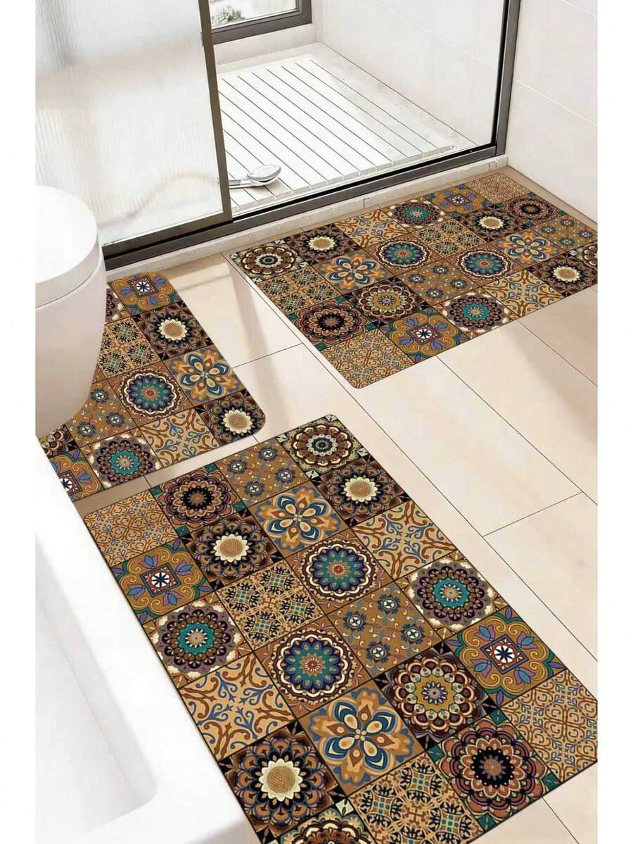 1 pieza Alfombra de baño con patrón de azulejos florales bohemios, alfombra de baño, felpudo, alfombra pequeña, alfombra, alfombra de piso, decoración del hogar, alfombra de área, alfombra para exteriores, alfombra de dormitorio, alfombra lavable - Multicolor C - Ver 1