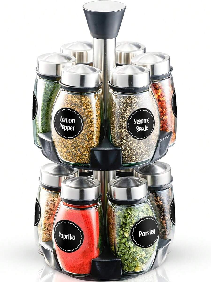 Revolving Spice Rack Organizer Countertop, Spinning Spice Storage Rack Tower Organizer With 6/12 Empty Jars, Rotating Spice Holder Shelf Seasoning Rack Shelf, Spice Seasoning Bottle Organizer - Black - View 1