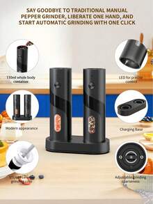 電動鹽與胡椒研磨器，1件/2件可選，電池與USB充電式，單手自動研磨附LED燈，附燈光充電底座，聖誕節、感恩節、新年節慶盛宴廚房小工具 - 彩色 - 查看 3