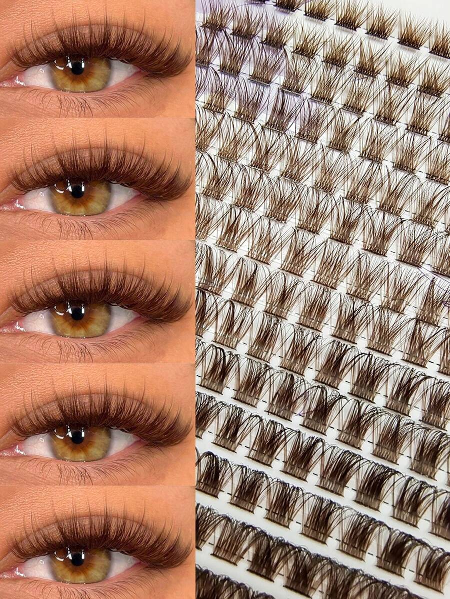 Asiteo 168 PCS D Curl Brown Cluster Eyelashes Natural Cross Thick Fluffy Lash Clusters Eyelash Extensions 8-16mm DIY Lash Individual Lashes