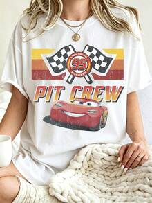 Breathable Disney Cars Pit Crew Lightning McQueen Vintage Racing Flag Print Loose Oversized Daily Family Matching Racing Fan White Tee - White - View 1