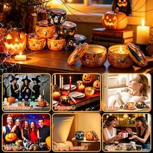 Kit de fabrication de bougies thème Halloween 63 pièces, comprend 8 pots à bougies vierges à motifs aléatoires, 15 supports de mèche, 20 mèches et 20 autocollants, convient pour la fabrication de bougies, la décoration de la maison, la décoration saisonnière et les cadeaux de fête - R-63PCS/Ensemble - Voir 8