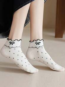 6 pares de calcetines cómodos y lindos a rayas y cuadros, calcetines dulces con borde de volantes para mujer, adecuados para uso diario - Multicolor - Ver 7