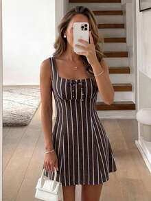 Vestido mini sin mangas con decoración de lazo a rayas para mujer - Multicolor 2 - Ver 1