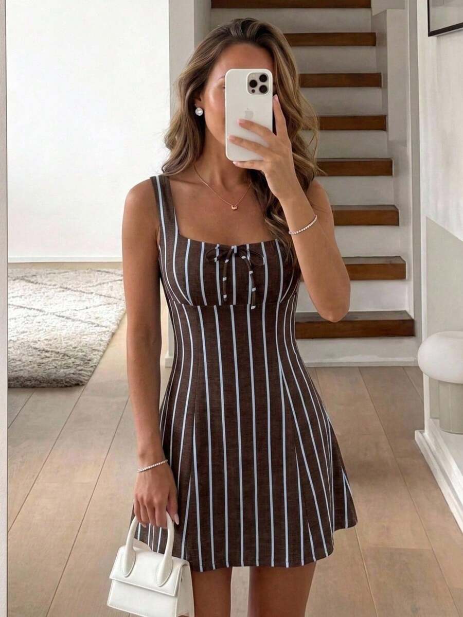 Vestido mini sin mangas con decoración de lazo a rayas para mujer - Multicolor 2 - Ver 1