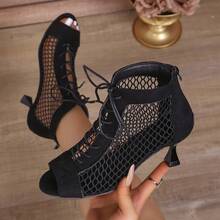 Bottines à talons hauts pour femmes, mode, ajourées, à lacets, patchwork en maille noire, bout ouvert - Bottines sexy à talons aiguilles ajourées et à lacets, talons hauts respirants pour l'été, pour la danse jazz et les fêtes - Noir - Voir 10