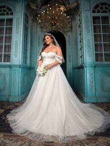 QOQ Romantic Elegant Plus Size Patchwork Tulle Off-Shoulder Wedding Dress - White - View 4