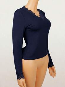 Women's Autumn Gothic Style Casual Colorblock Lace Long Sleeve Blouse - Navy Blue - View 5