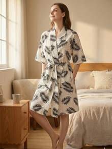 Robe de chambre style kimono pour femmes avec imprimé feuille de fougère, peignoir léger en mélange de coton col en V, manches 3/4, ceinture à nouer, poche, vêtement de nuit, tenue d'intérieur douce et respirante, convient pour la mariée, le spa, le sommeil quotidien à la maison, robe de chambre décontractée pour femmes - Multicolore - Voir 3