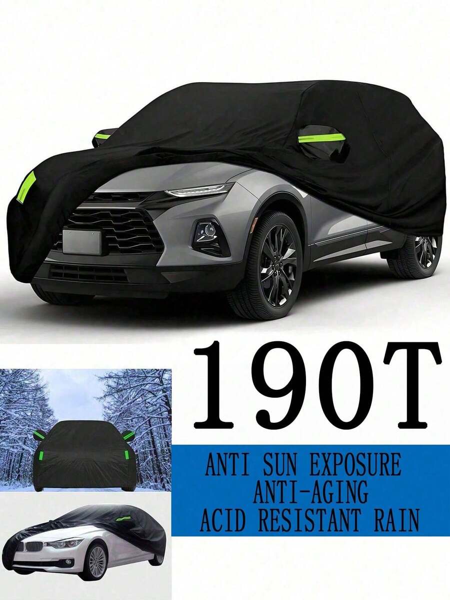 All Black 190T Coated Polyester Car Cover, Waterproof And Sun-Proof Car Cover With Reflective Strip
