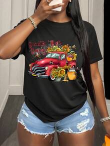 Sunflower Truck Honey Sweetie Farm Vintage Car Graphic Tee Summer Country Style Women's Casual Shirt - 黑色 - 查看 1